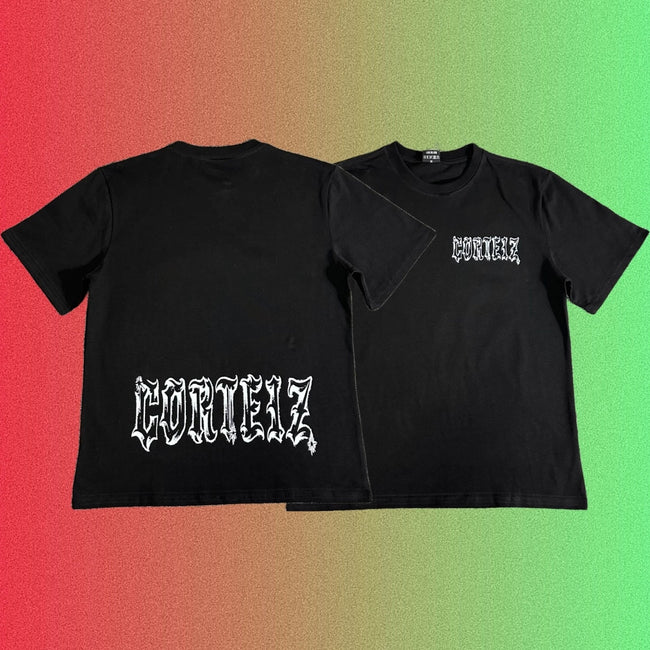 Corteiz Gothic Font Logo Black T-Shirt (Front & Back Print) Hover Image