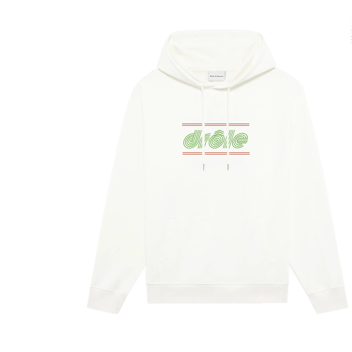 Drôle de Monsieur White Green Logo and Pink Striped Box Graphic Print Heavyweight Fleece-Lined Drawstring Hoodie