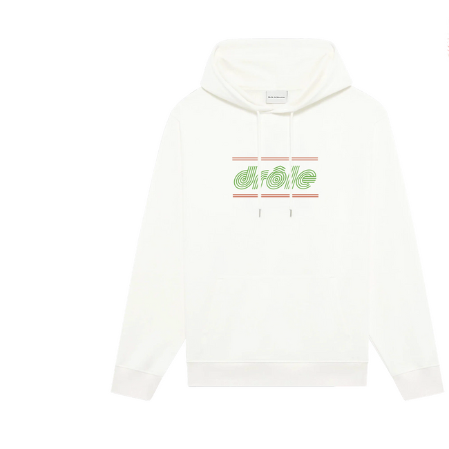 Drôle de Monsieur White Green Logo and Pink Striped Box Graphic Print Heavyweight Fleece-Lined Drawstring Hoodie Hover Image
