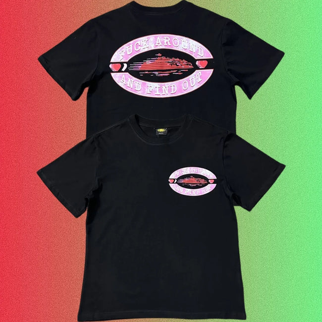 Corteiz "Fuck Around And Find Out" Pink Oval Ship Logo Graphic Black T-Shirt (Front & Back Print) Hover Image