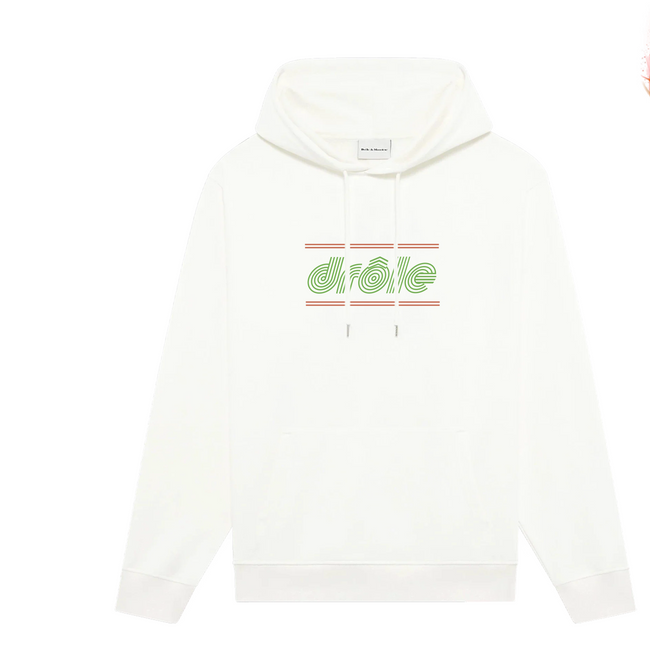 Drôle de Monsieur White Green Embroidery Logo and Pink Striped Box Graphic Heavyweight Fleece-Lined Drawstring Hoodie Hover Image