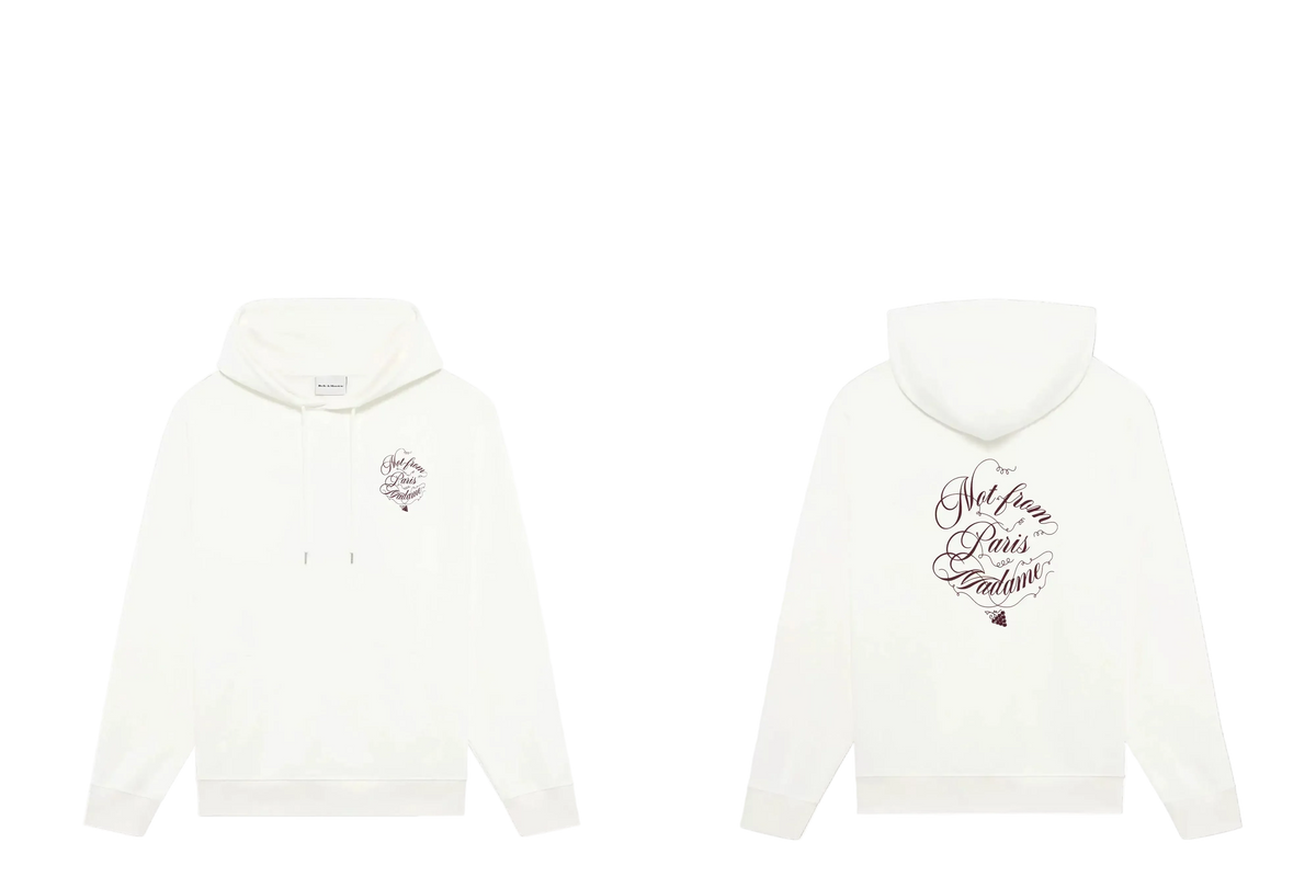 Drôle de Monsieur White Vintage Calligraphy Logo and "Not From Paris Madame" Print Heavyweight Fleece-Lined Drawstring Hoodie