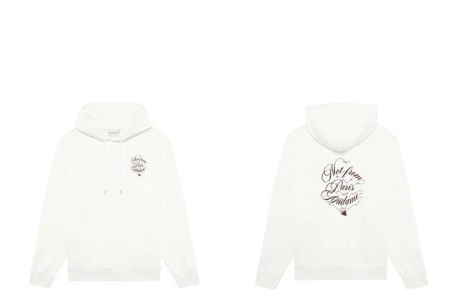 Drôle de Monsieur White Vintage Calligraphy Logo and "Not From Paris Madame" Print Heavyweight Fleece-Lined Drawstring Hoodie Hover Image