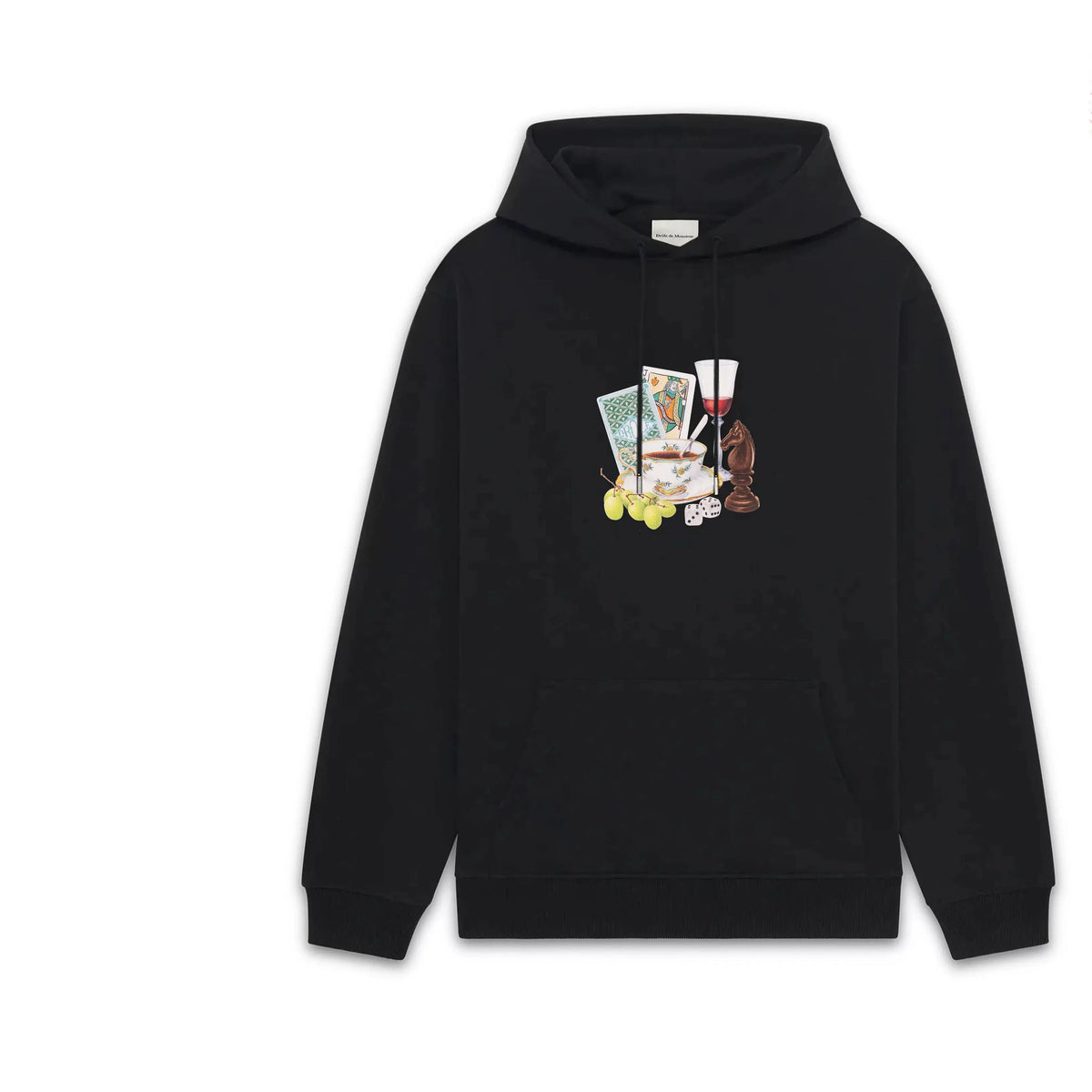 Drôle de Monsieur Black Still Life Elements (Cards, Wine Glass, Chess) Graphic Print Heavyweight Drawstring Hoodie
